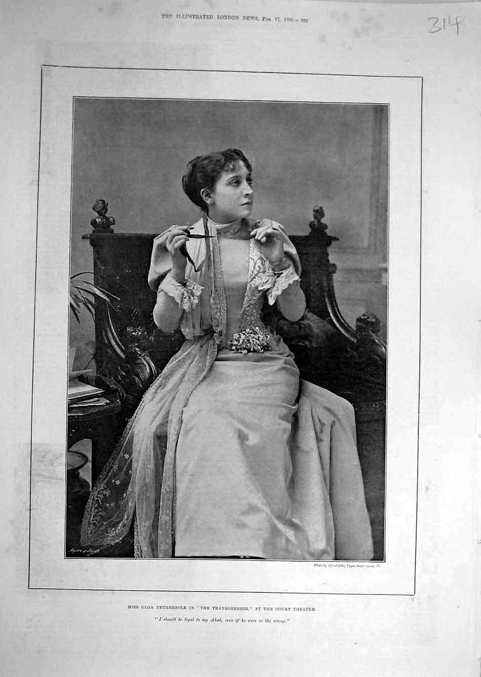 Original Old Antique Print 1894 Nethersole Transgressor Court Theatre Actress