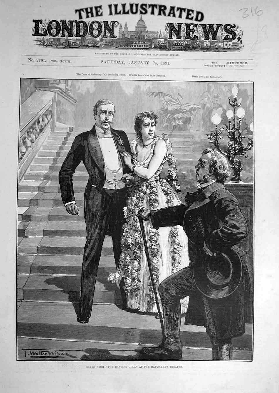 Original Old Antique Print 1891 Scene Dancing Girl Haymarket Theatre Victorian