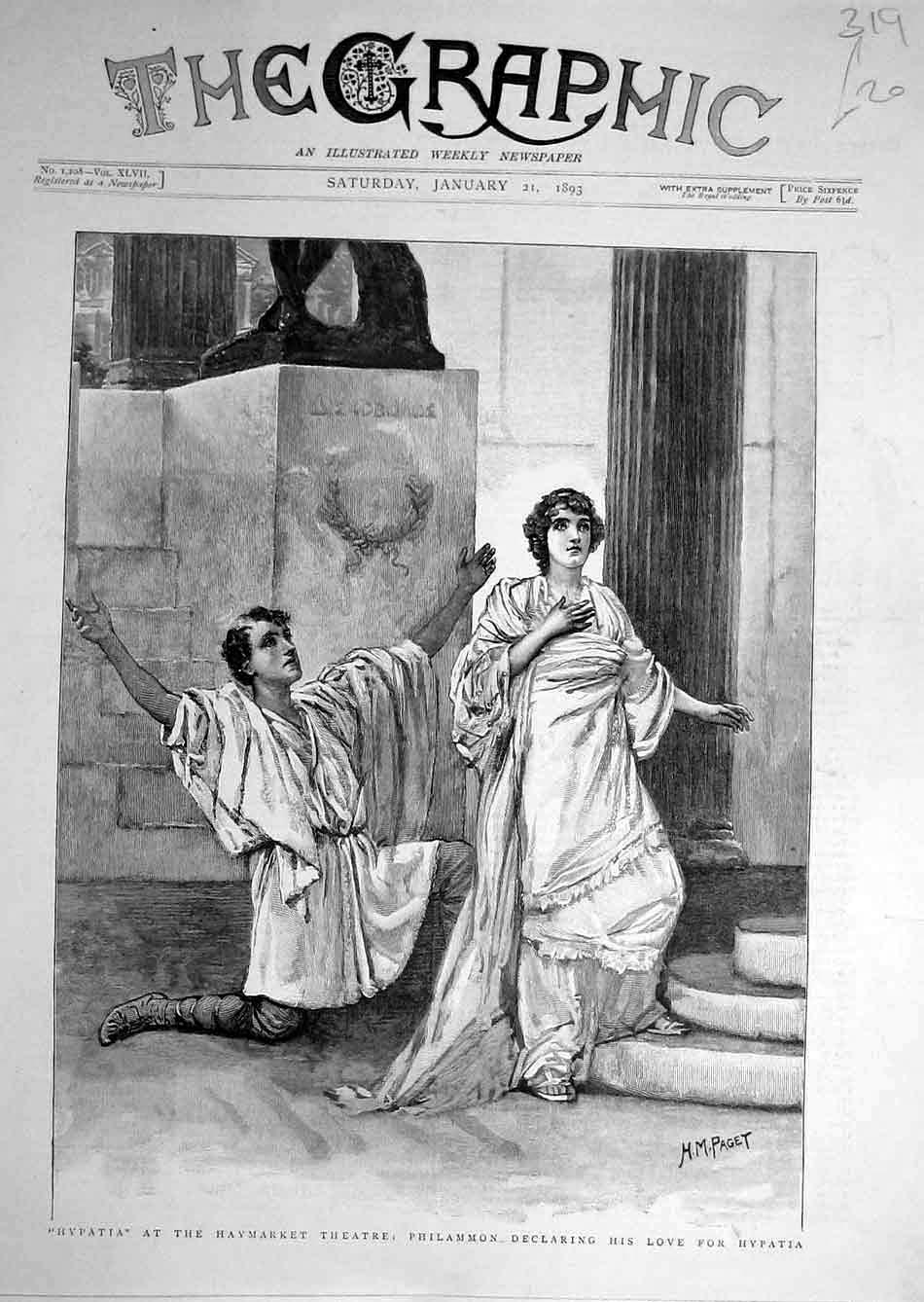 Original Old Antique Print 1893 Hypatia Haymarket Theatre Philamon Scene Paget