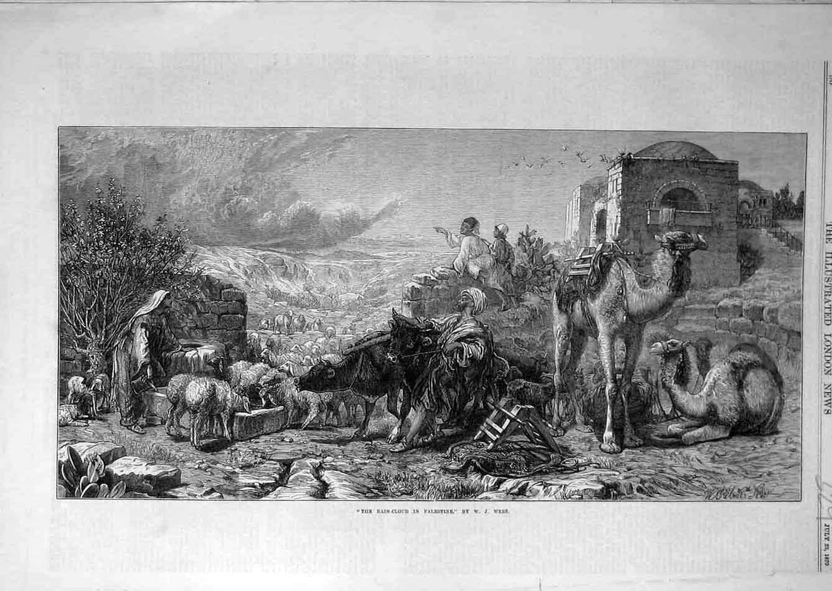 Original Old Antique Print 1870 Rain-Cloud Palestine Webb Camels People View