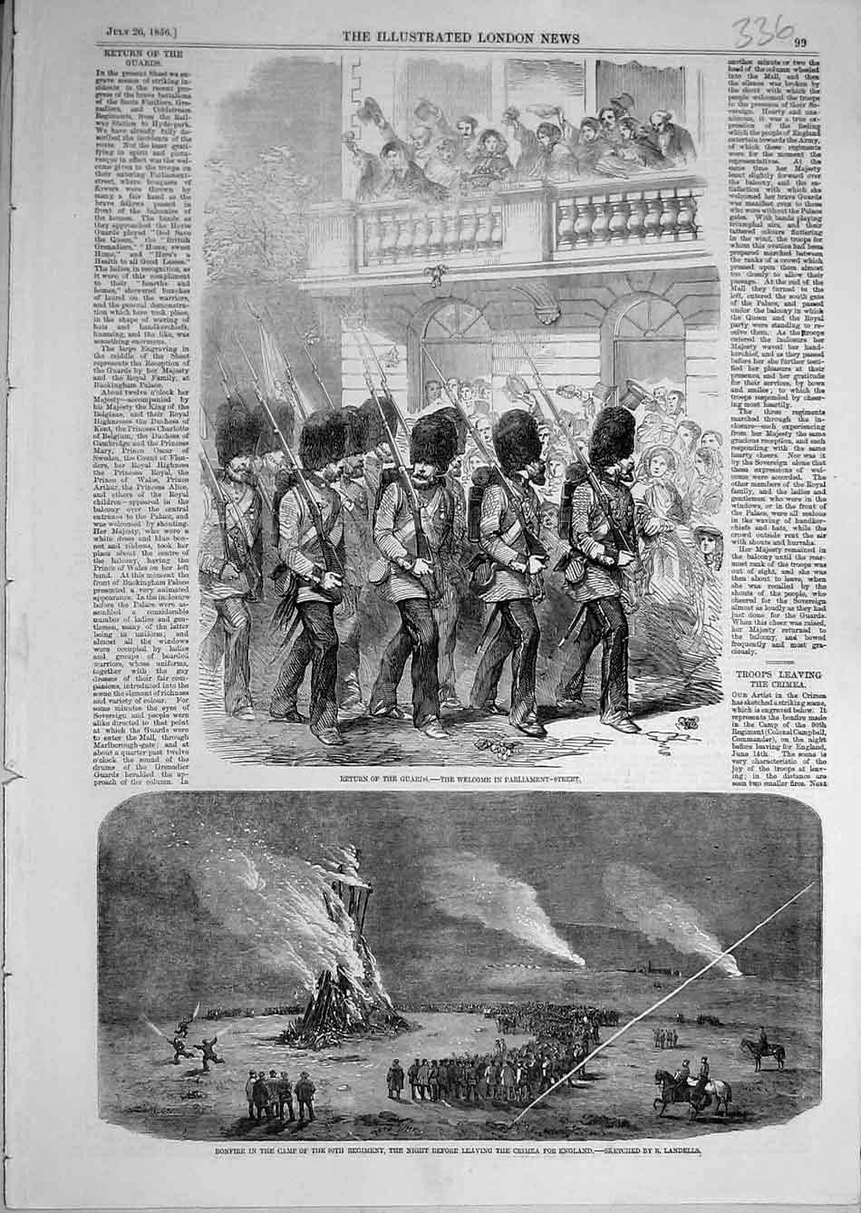 Original Old Antique Print 1856 Guards Parliament-Street Bonfire Crimea Landells