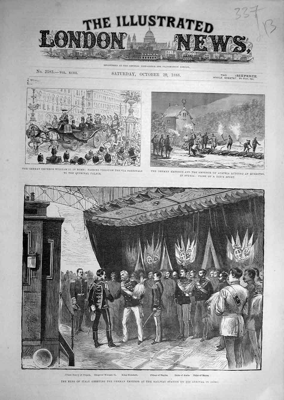 Original Old Antique Print 1888 King Italy German Emperor Railway Station Rome
