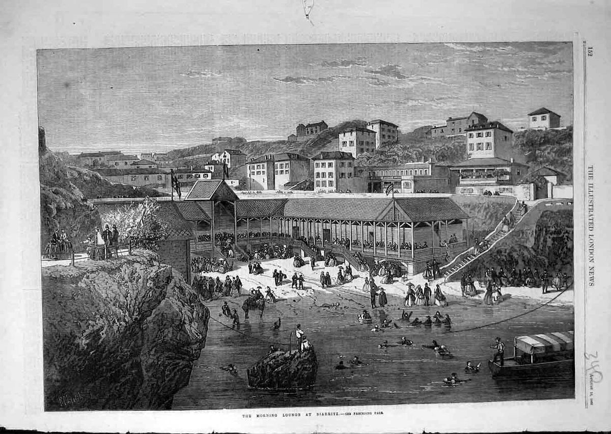 Original Old Antique Print 1866 Biarritz Morning-Lounge Bathing 19th
