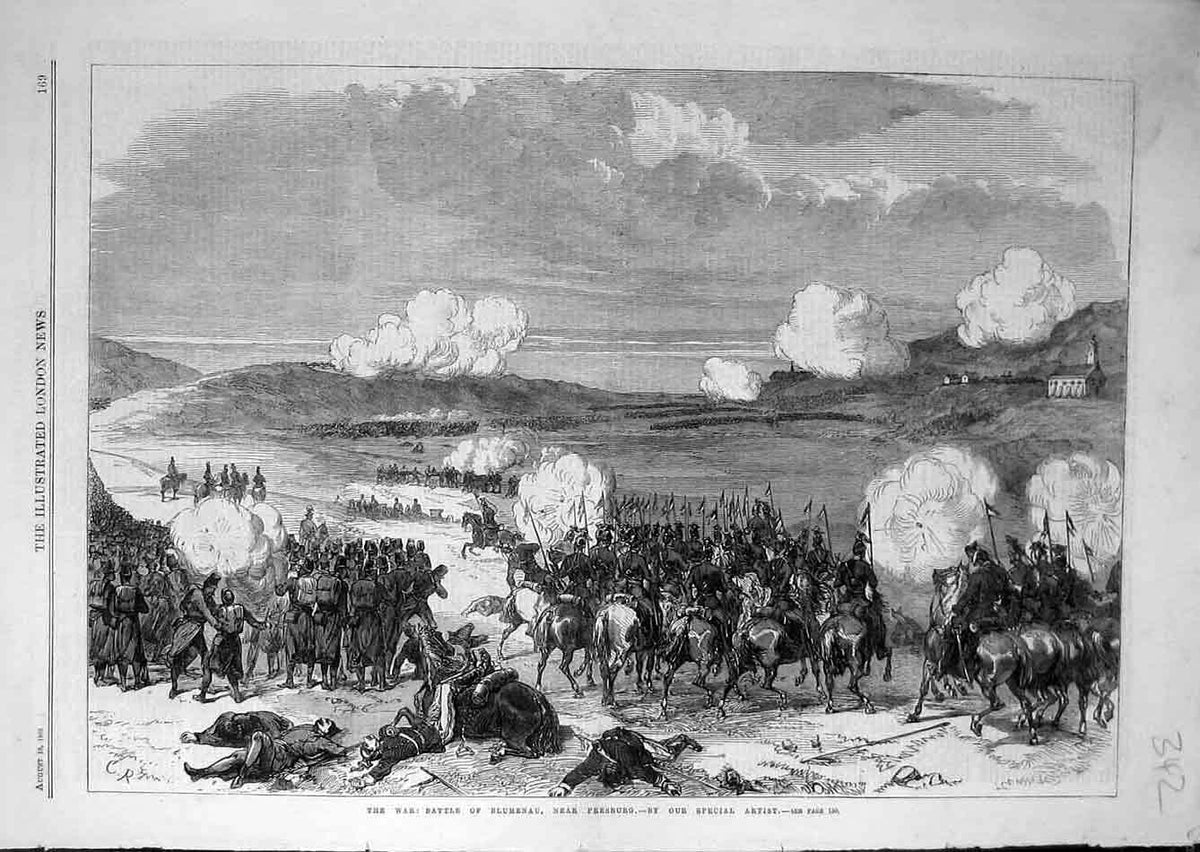 Original Old Antique Print 1866 War Battle Blumenau Presburg Troops Siers 19th