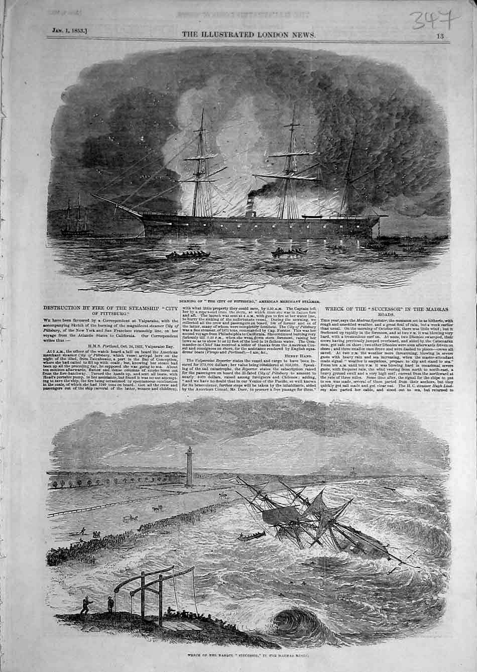 Original Old Antique Print 1853 City-Of-Pittsburg Steamer Wreck Barque Successor