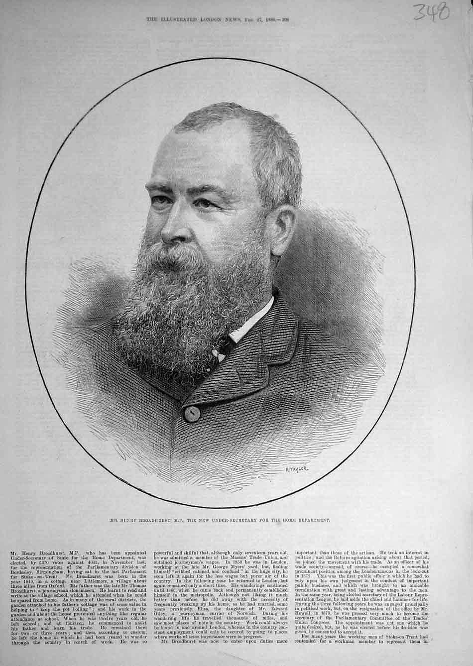 Old Antique Print 1886 Portrait Broadhurst Undersecretary Home Department 19th