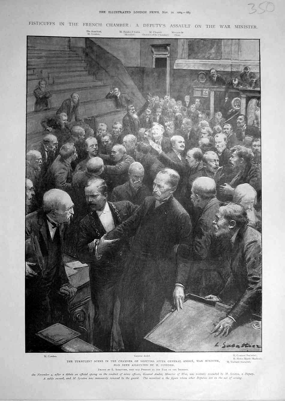 Original Old Antique Print 1904 Chamber Deputies Andre War Minister Syveton 20th
