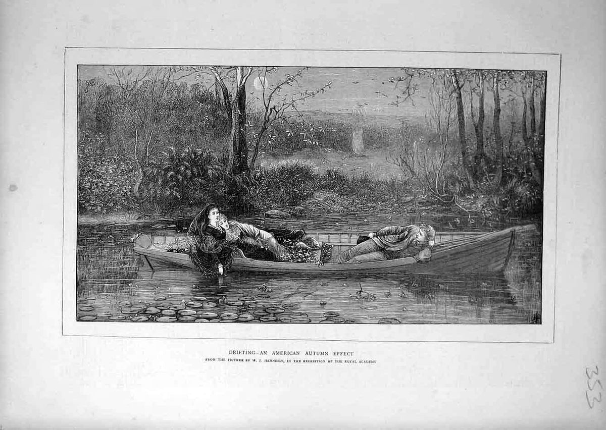 Original Old Antique Print 1872 Drifting Autumn American Hennessy Fine Art 19th