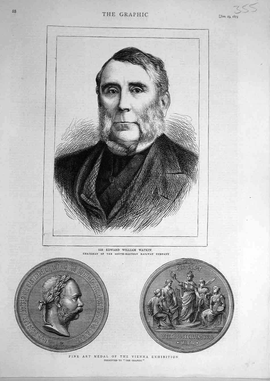 Original Old Antique Print 1875 Watkin Portrait Railway Company Medal Vienna