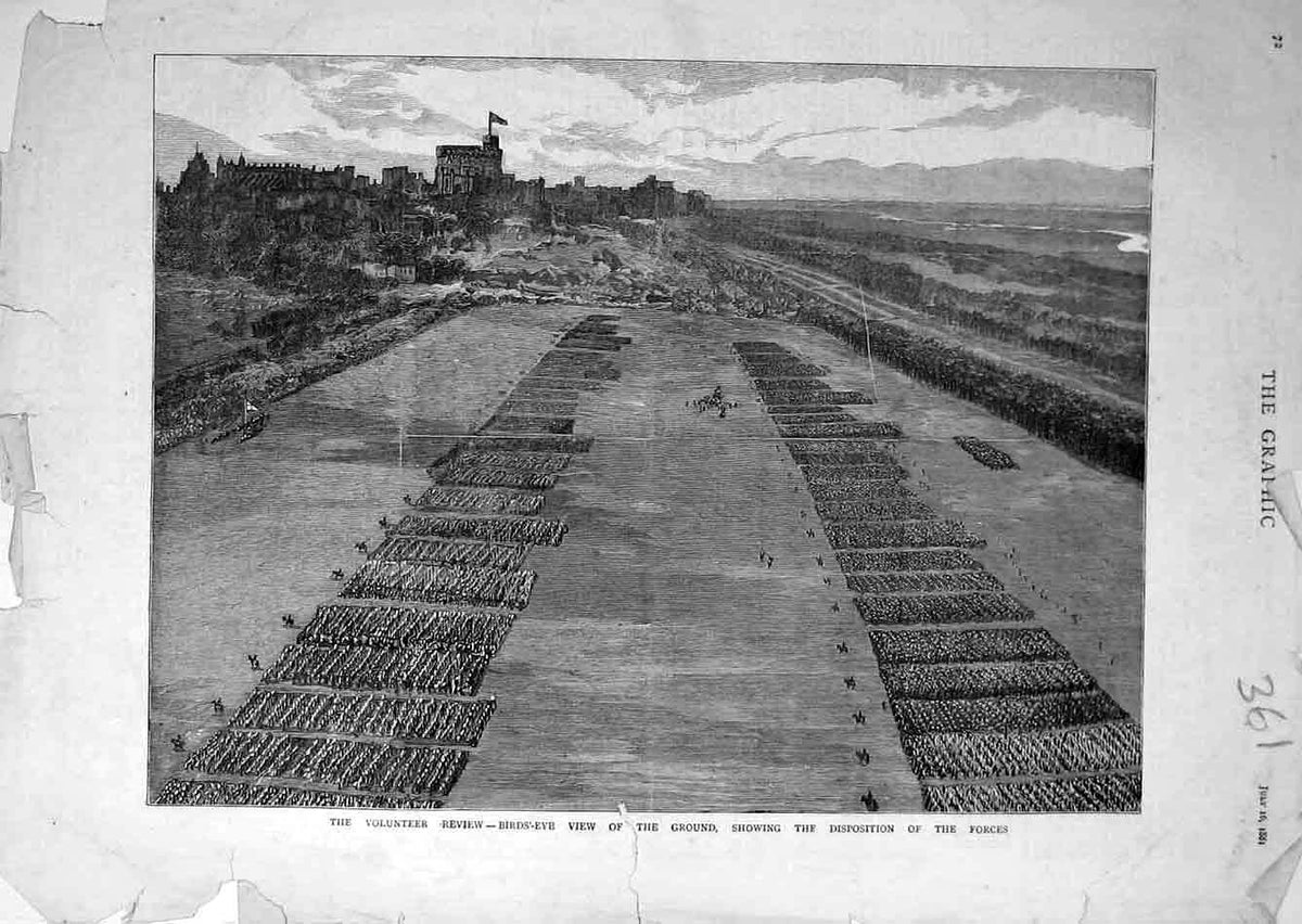 Old Antique Print 1881 Volunteer Review Bird'S-Eye Forces Troops Military 19th