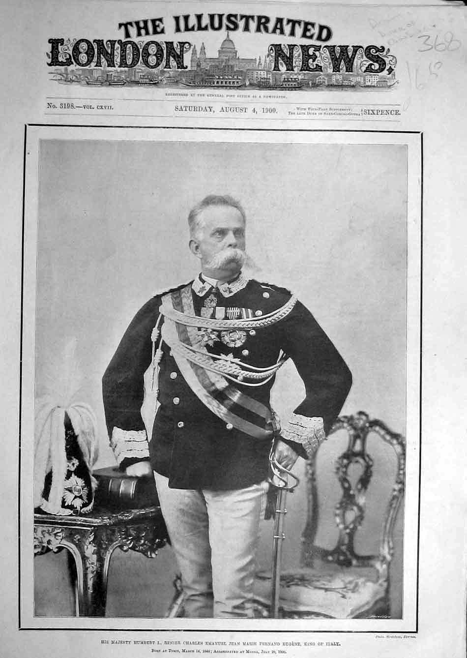 Original Old Antique Print 1900 Humbert-I Renier King Italy Portrait Victorian