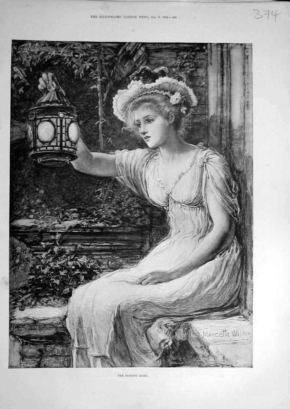 Original Old Antique Print 1894 Guiding Light Lady Lantern Walker 19th