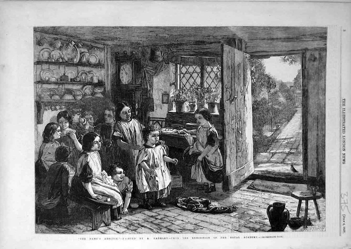 Original Old Antique Print 1857 Dame'S Absence Rankley Children Fine Art 19th