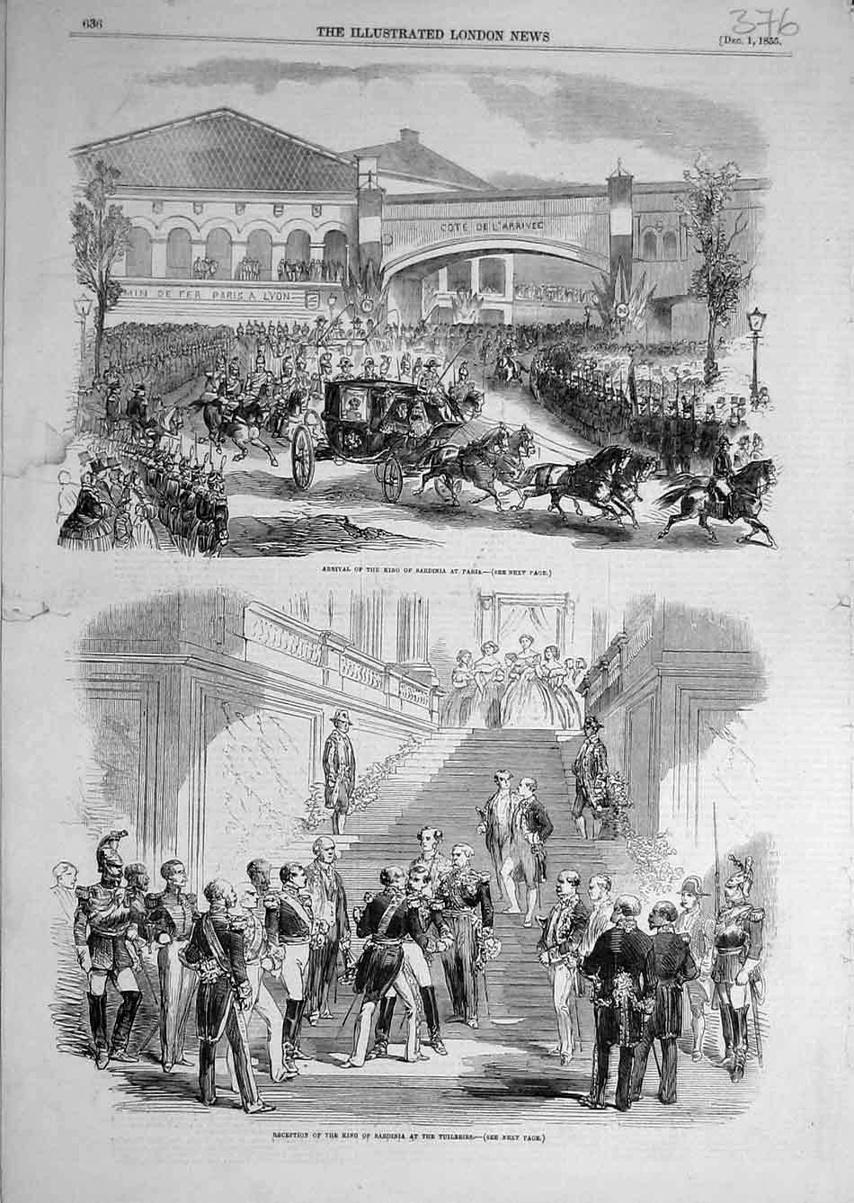 Original Old Antique Print 1855 King Sardinia Paris Tuileries Reception 19th