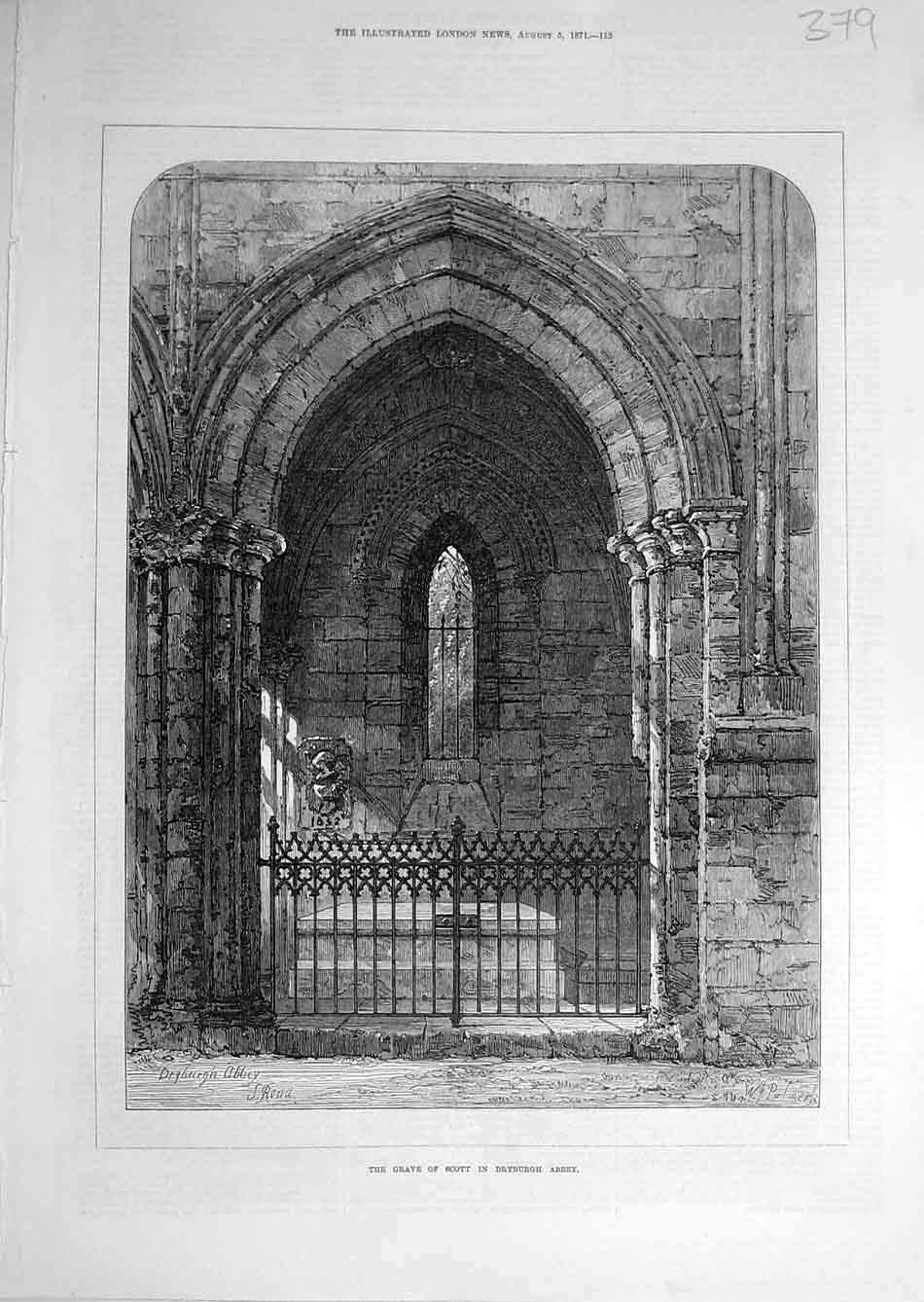 Original Old Antique Print 1871 Grave Scott Dryburgh Abbey Building Victorian