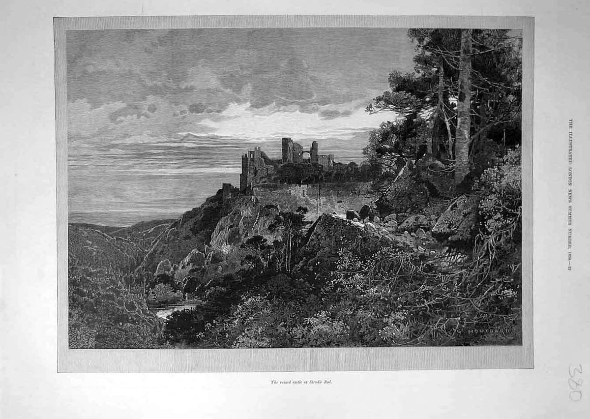 Original Old Antique Print 1890 Runied Castle Strudle Bad Ruins Building 19th
