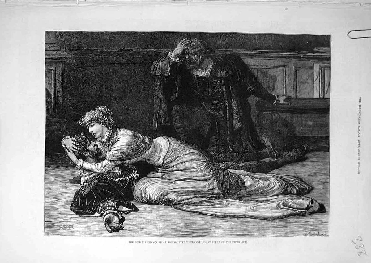 Original Old Antique Print 1879 Hernani French Comedy Scene Theatre Actors 19th