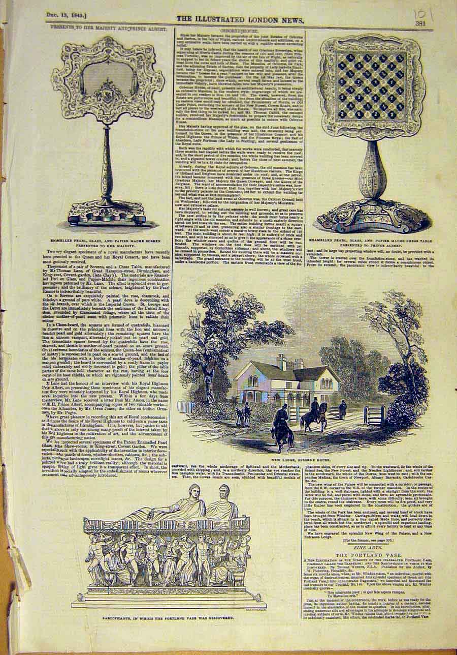 Original Old Antique Print 1845 Presents Queen Prince Albert Glass Pearl Osborne
