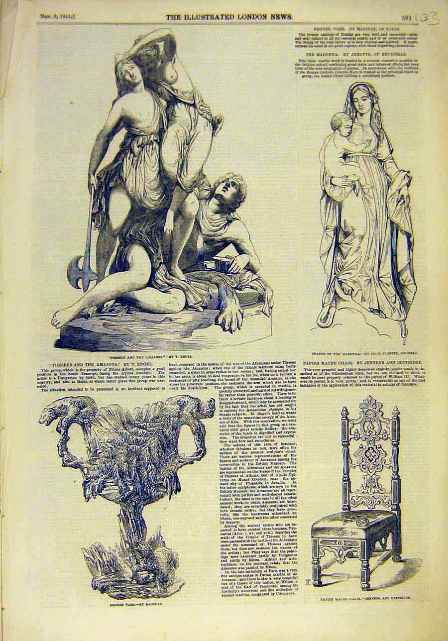 Old Antique Print 1851 Statue Madonna Bronze Vase Papier Mache Vase Engel 19th