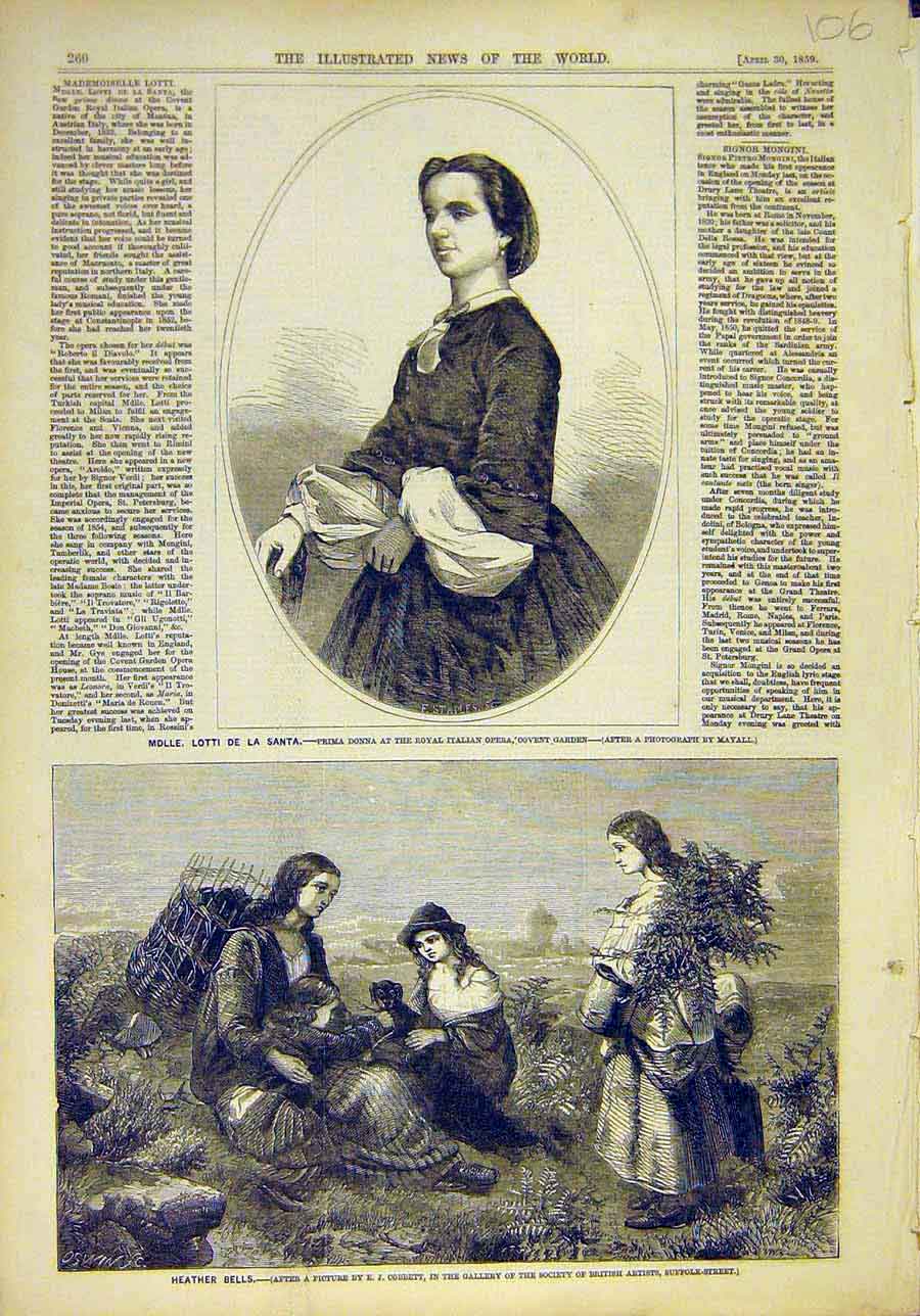 Original Old Antique Print 1859 Portrait Lotti De-La-Santa Heather Bells Cobbett