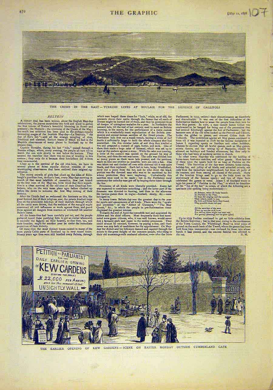 Old Antique Print 1878 Crisis East Turkish Boulair Gallipoli Kew Gardens 19th