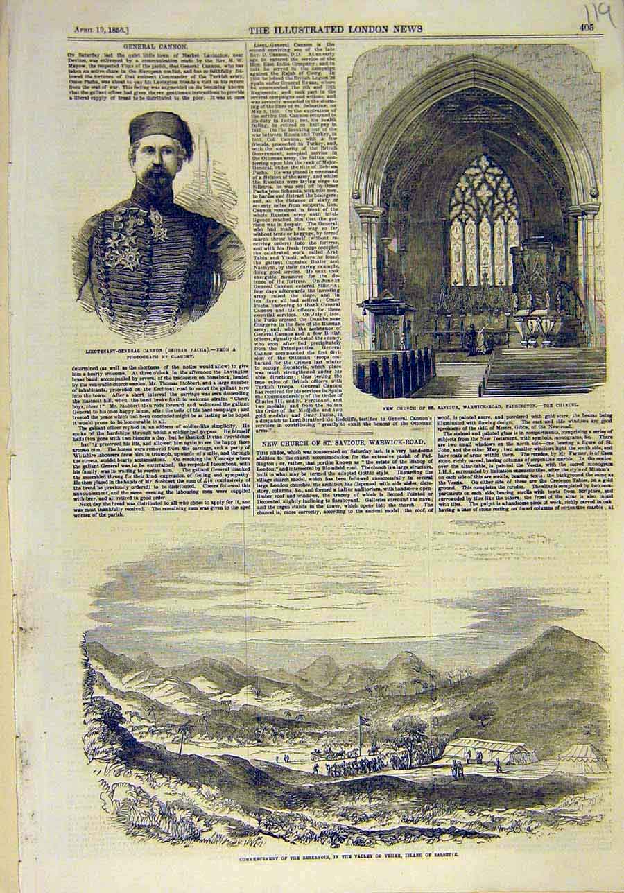 Original Old Antique Print 1856 General Cannon Paddington Church Salsetie Island