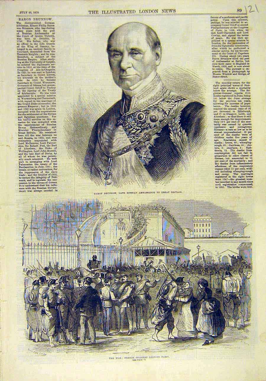 Original Old Antique Print 1870 Brunnow Russian Ambassador War French Siers 19th