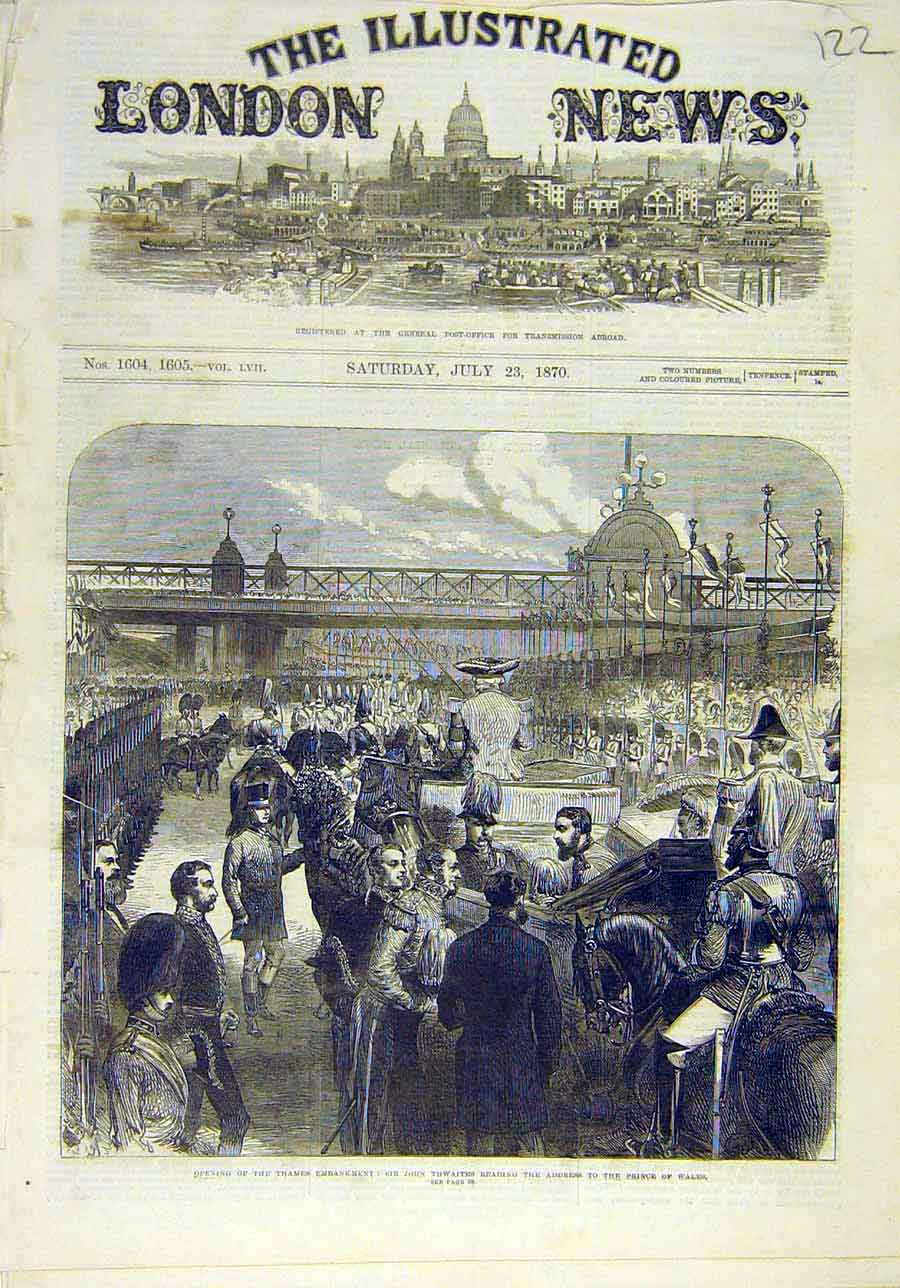 Original Old Antique Print 1870 Thames Embankment London Thwaites Prince Wales