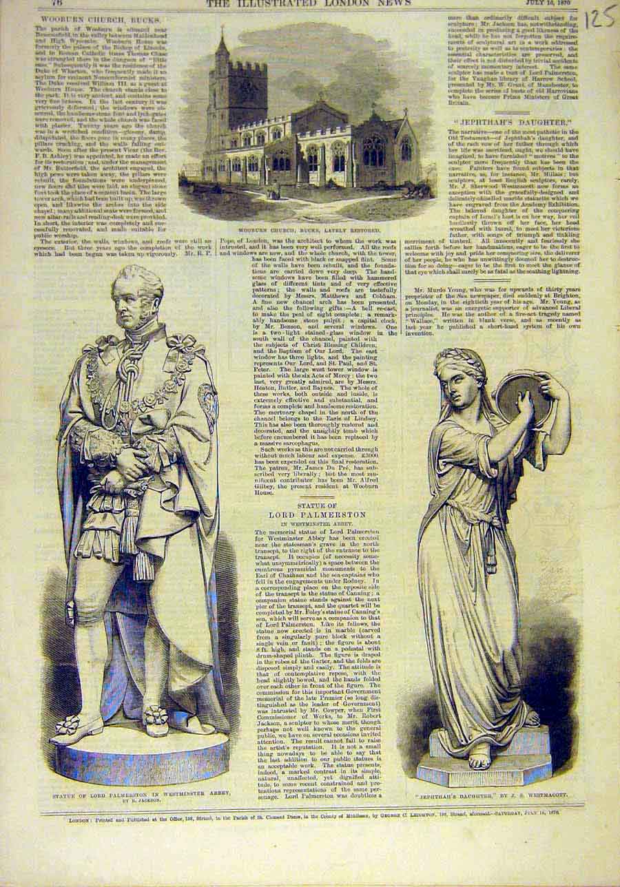 Old Antique Print 1870 Wooburn Church Building Statue Palmerston Jephthah 19th