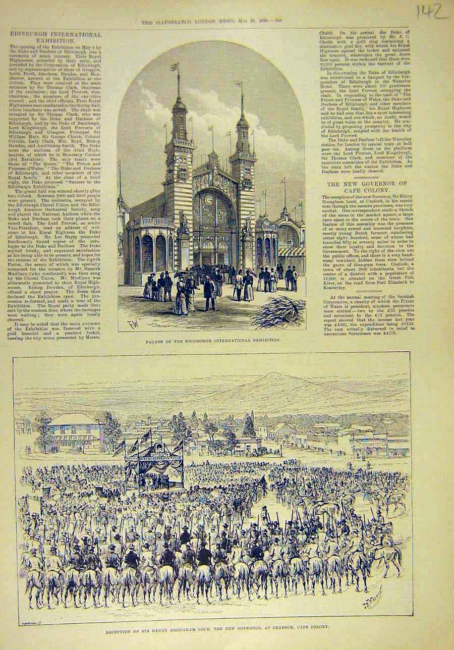 Original Old Antique Print 1890 Edinburgh Exhibition Facade Loch Cradock Africa