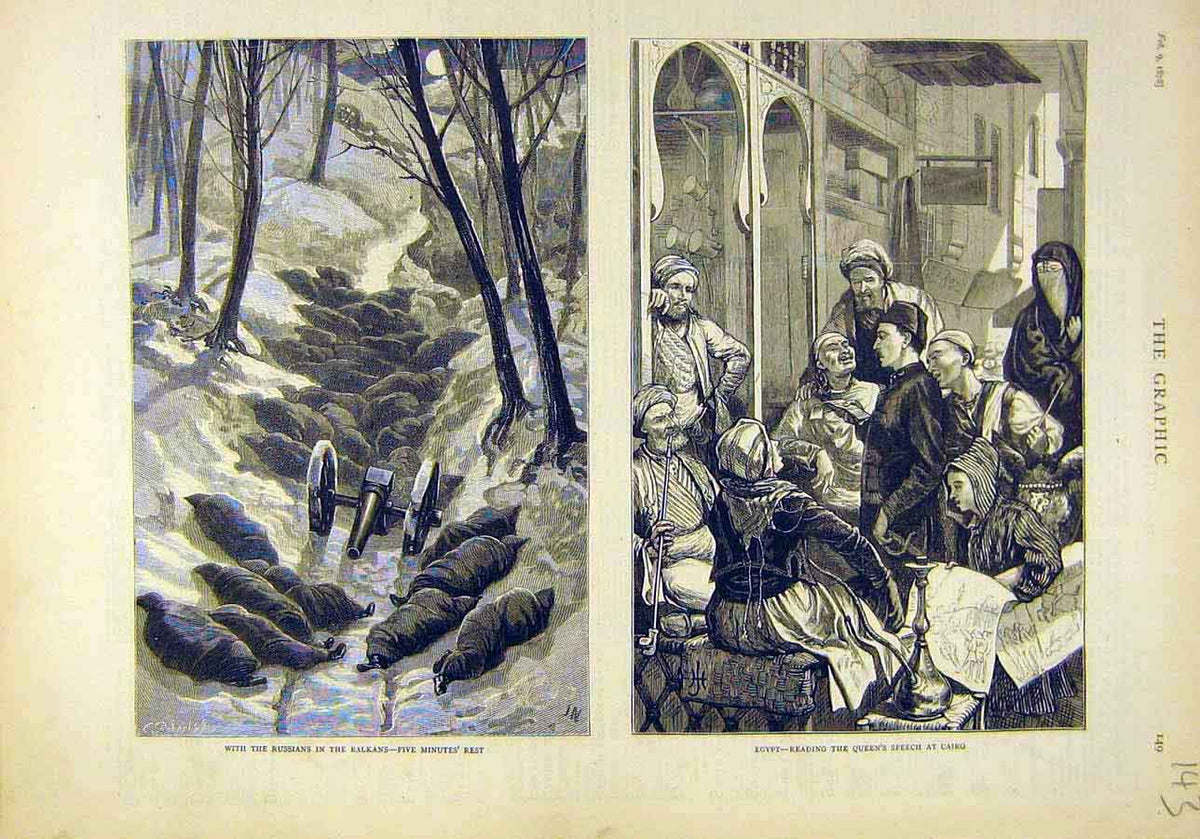Original Old Antique Print 1878 Russian Troops Siers Balkans Egypt Cairo 19th