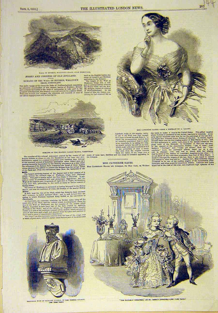 Original Old Antique Print 1851 Thirlwall Magna Caervoran Hayes Theatre Hooker