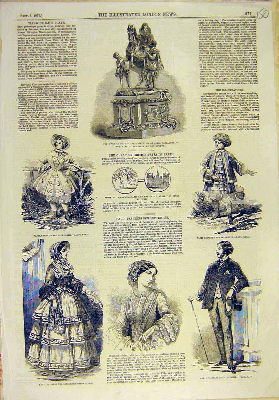 Original Old Antique Print 1851 Warwick Race Plate Paris Fashion Child Lady Man