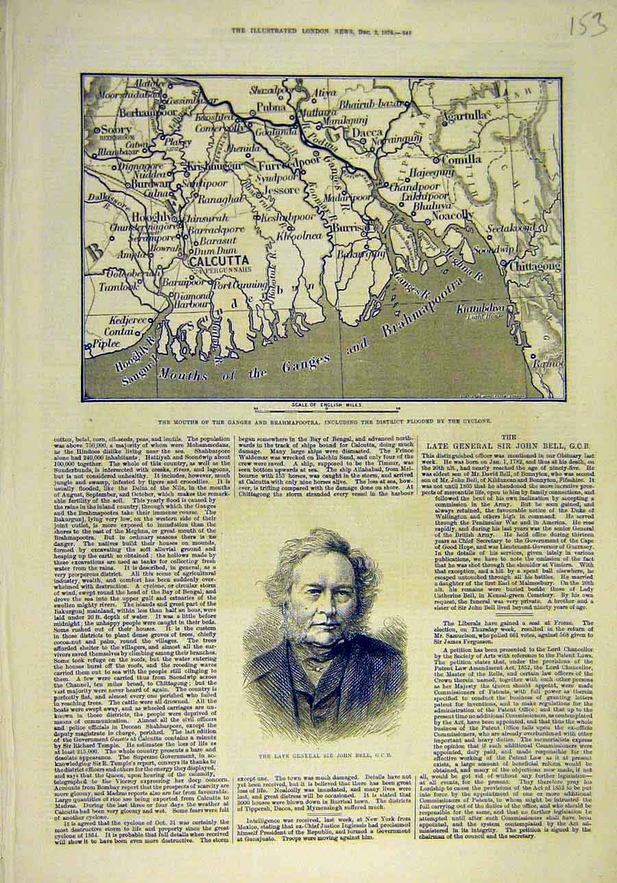 Old Antique Print 1876 Map Cylcone Ganege India Brahmapootra General Bell 19th