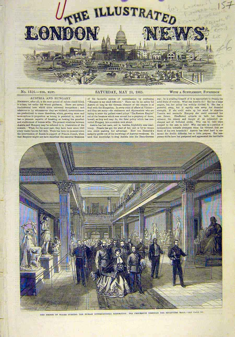 Original Old Antique Print 1865 Prince Wales Dublin Exhibition Sculpture Hall