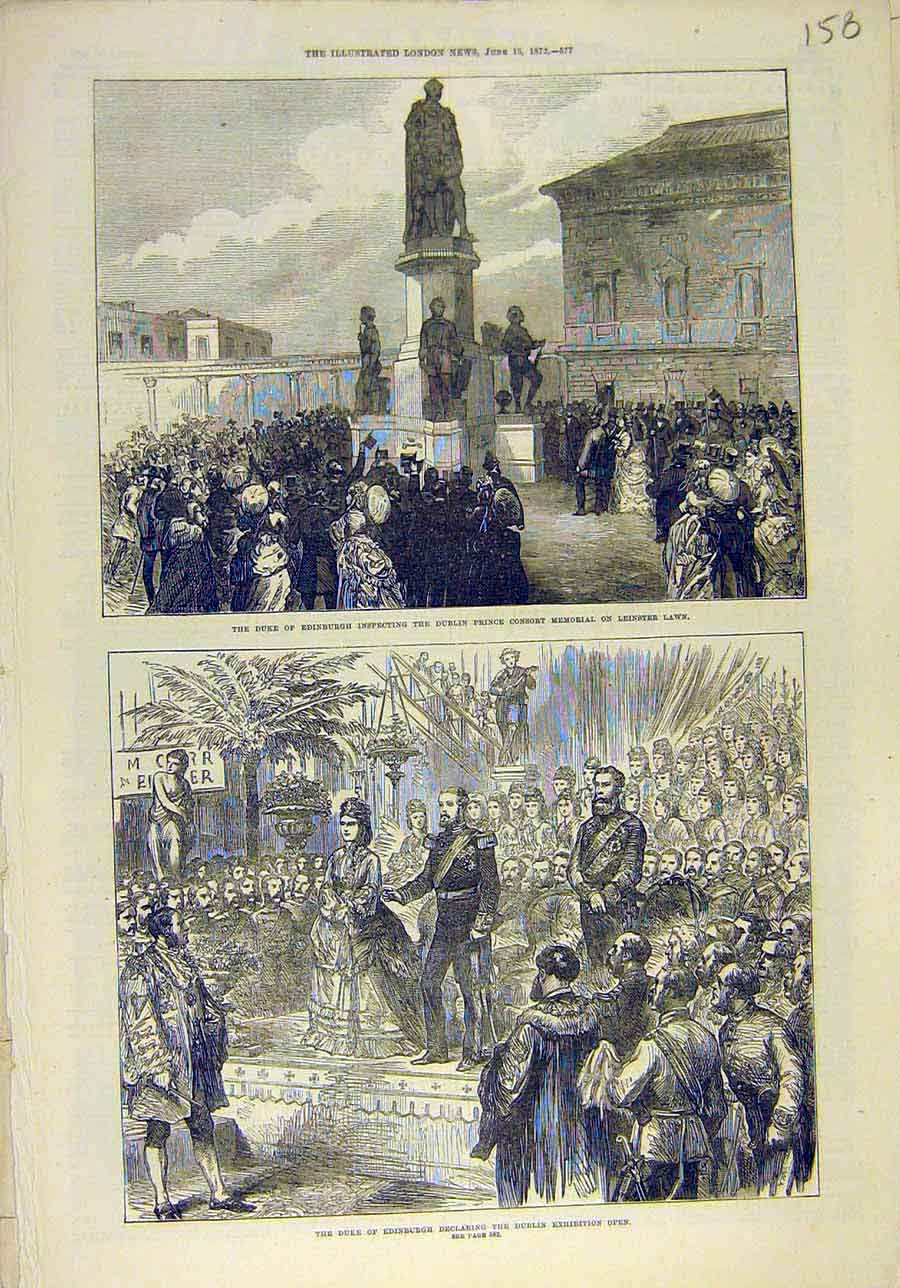 Original Old Antique Print 1872 Duke Edinburgh Leinster Dublin Exhibition 19th
