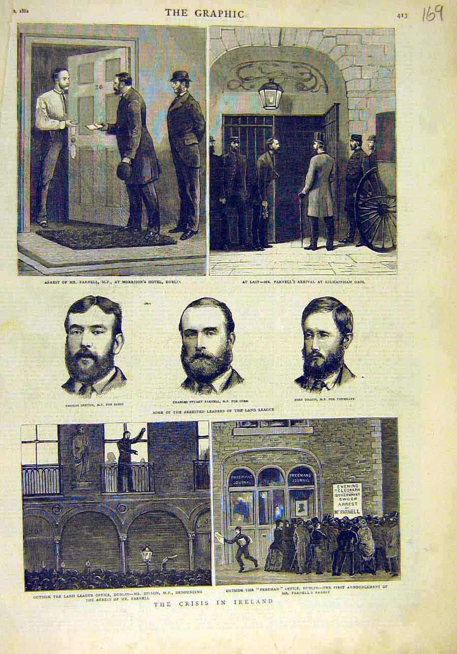 Original Old Antique Print 1881 Parnell Crisis Ireland Dillon Dublin Sexton 19th