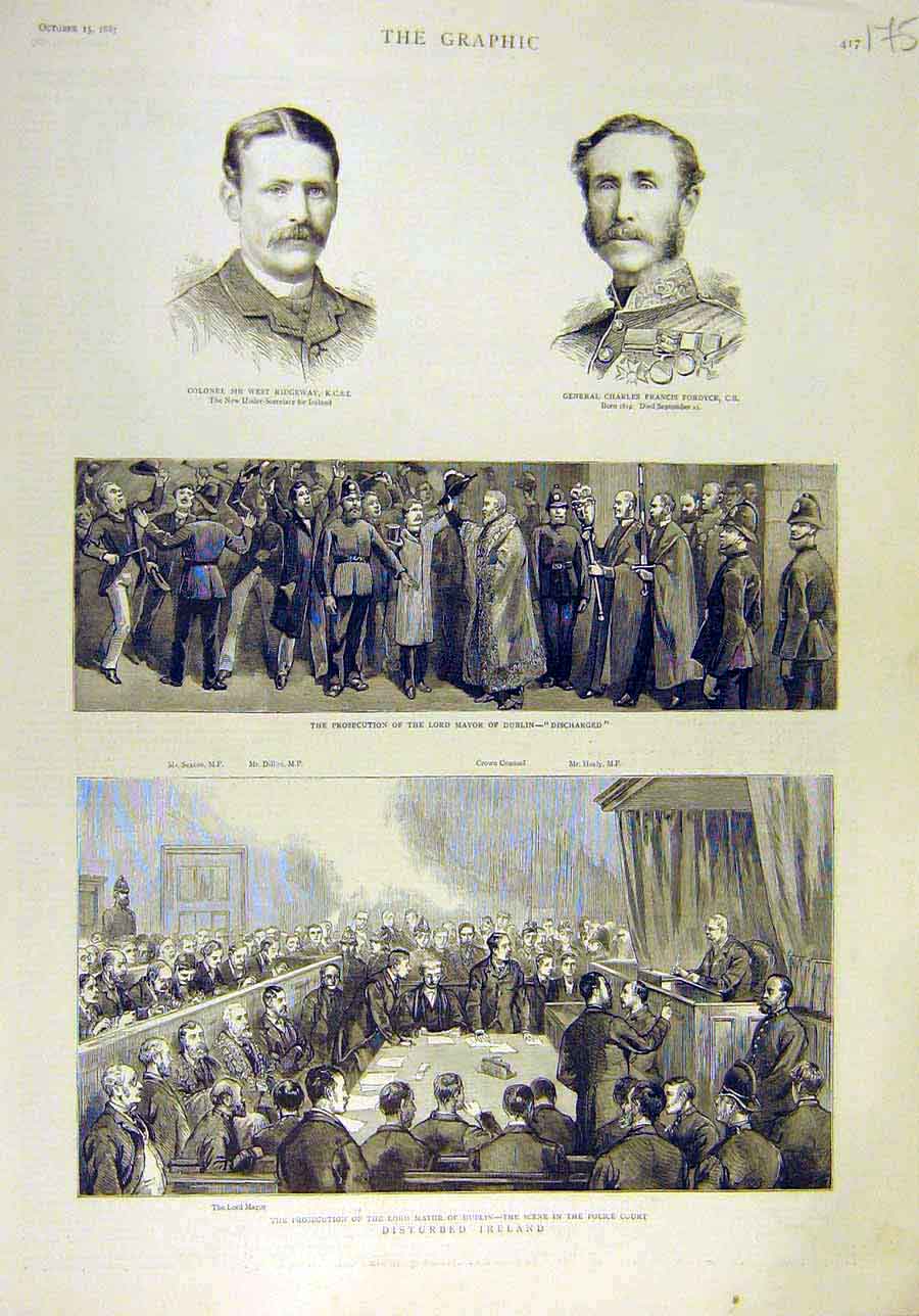 Original Old Antique Print 1887 Ridgewy Fordyce Mayor Dublin Prosecution Ireland
