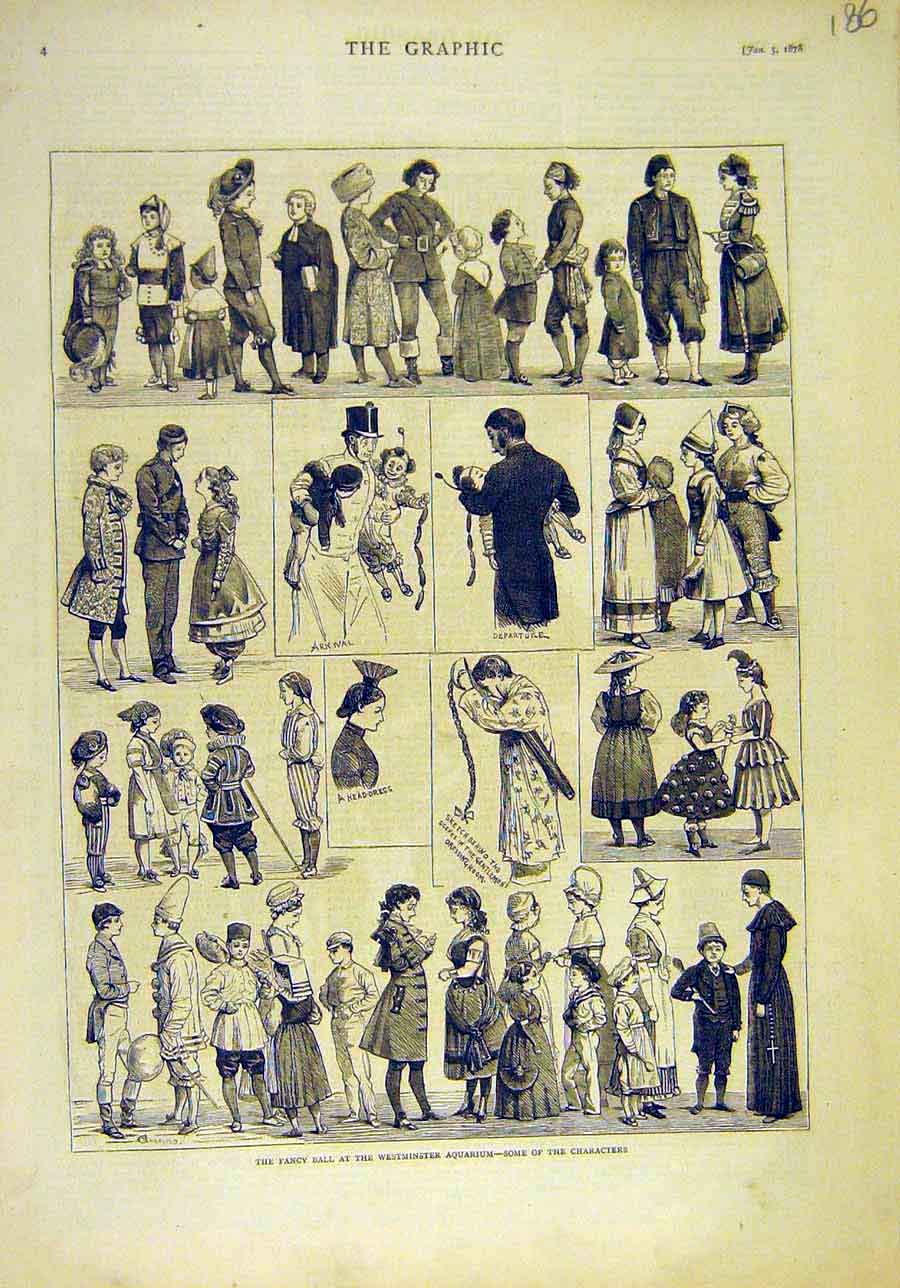 Original Old Antique Print 1878 Fancy-Ball Westminster Aquarium Character People