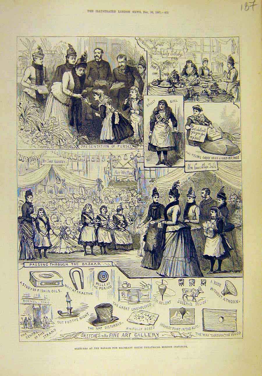 Original Old Antique Print 1887 Bazaar Macready House Theatre Mission Institute