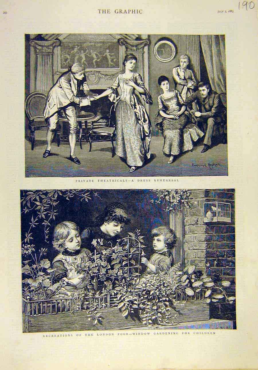 Old Antique Print 1883 Dress Rehearsal Theatre London Poor Garden Window 19th