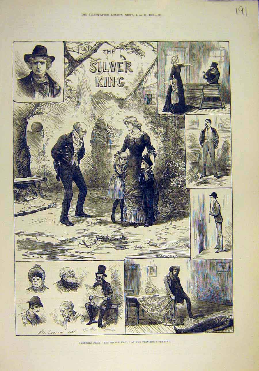 Original Old Antique Print 1883 Sketches Silver-King Princess'S Theatre Scenes
