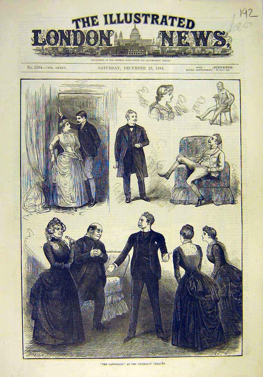 Original Old Antique Print 1884 Candidate Criterion Theatre Sketches Actors 19th