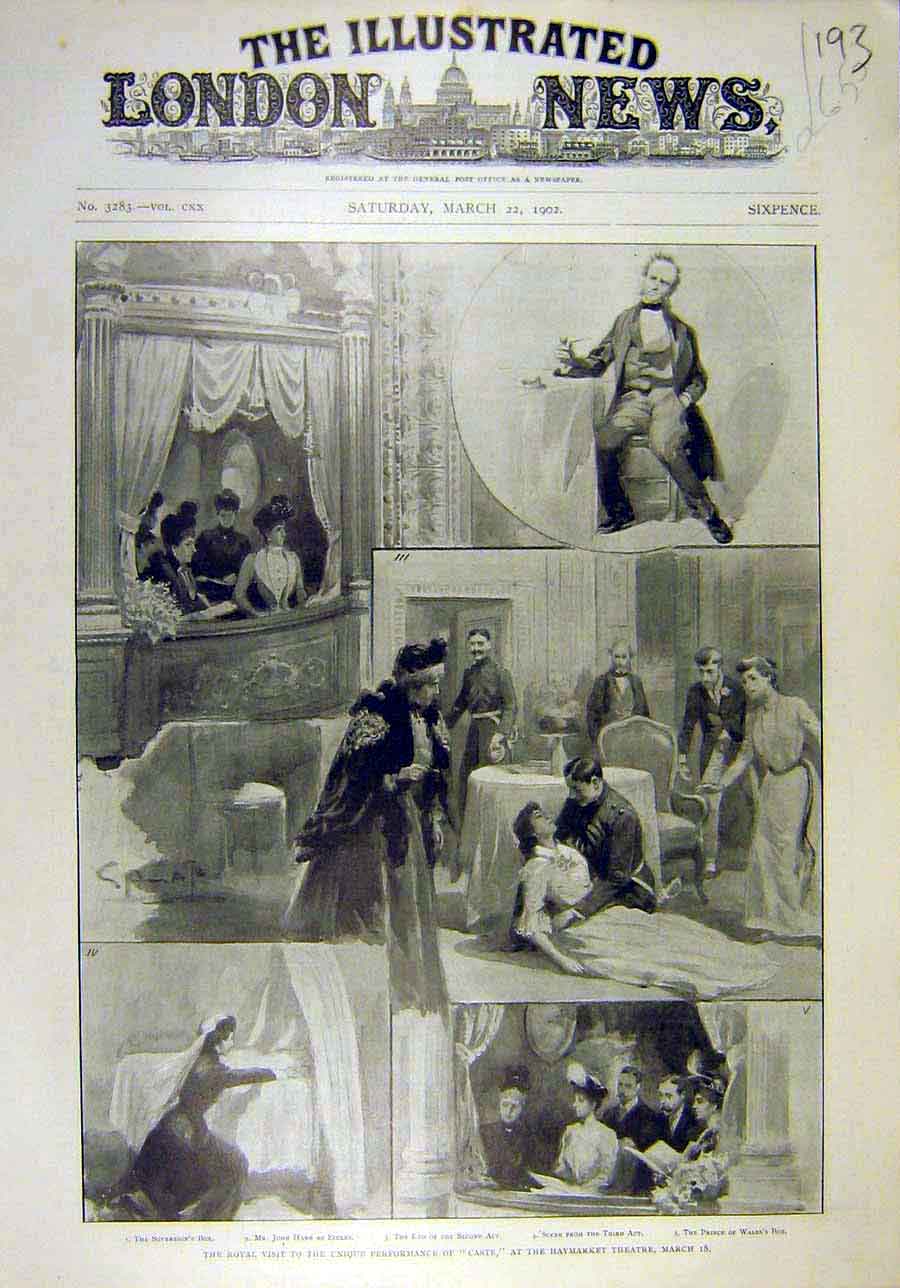 Original Old Antique Print 1902 Royal Visit Caste Haymarket Theatre Scenes 20th