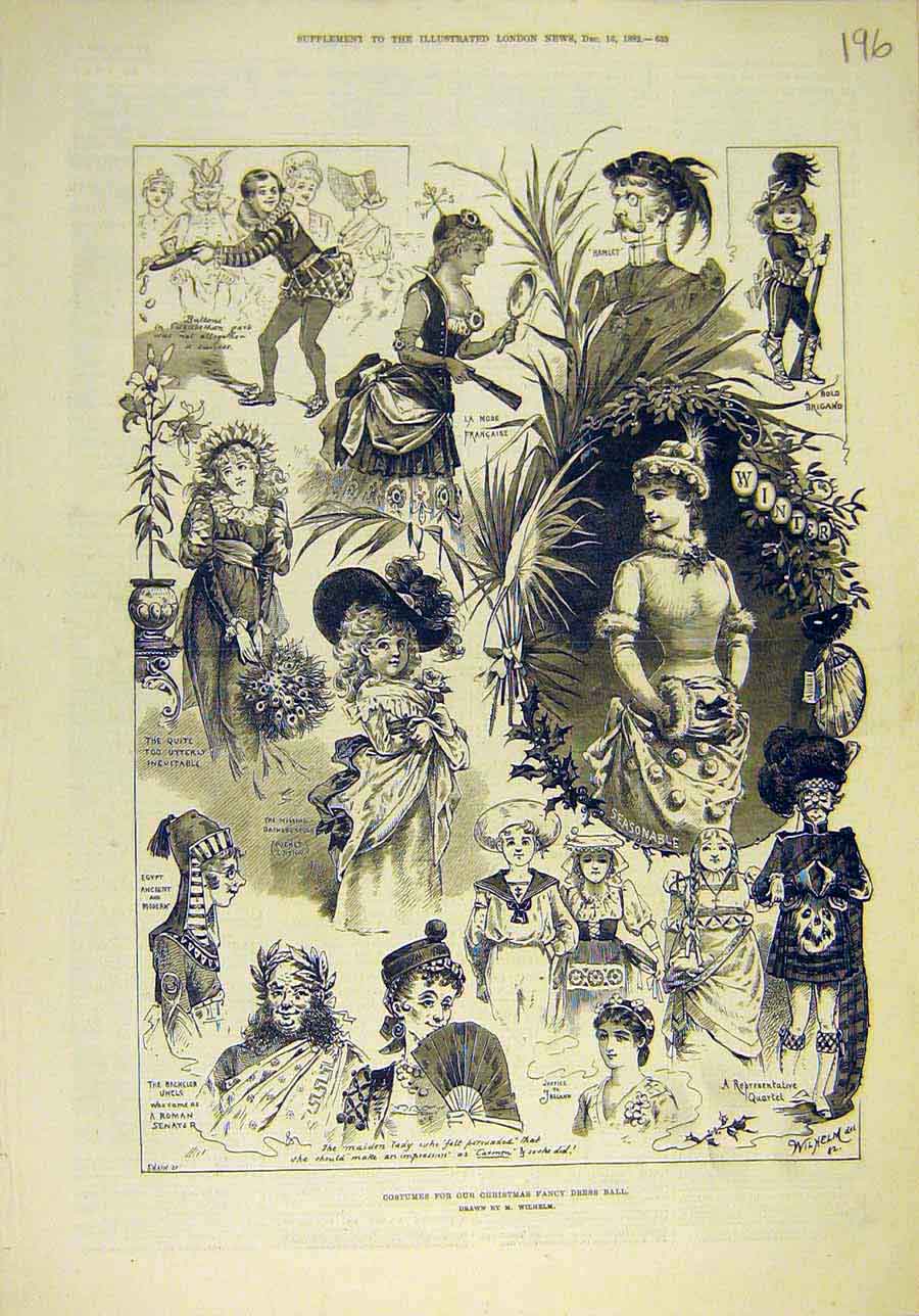 Original Old Antique Print 1882 Costumes Christmas Fancy-Dres Ball Wilhelm 19th
