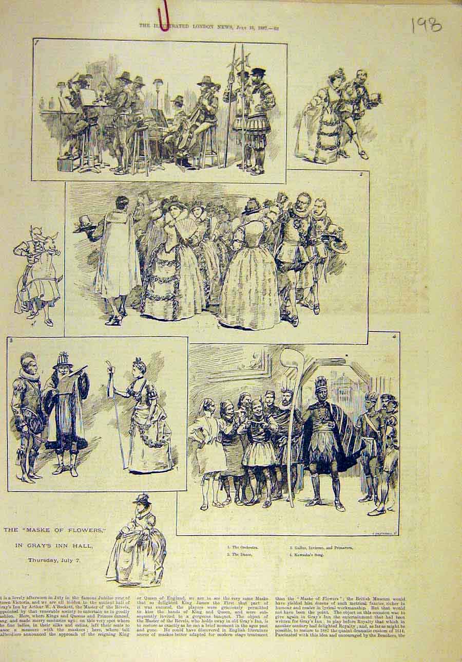 Original Old Antique Print 1887 Maske Flowers Gray'S-Inn Hall Dance Orchestra