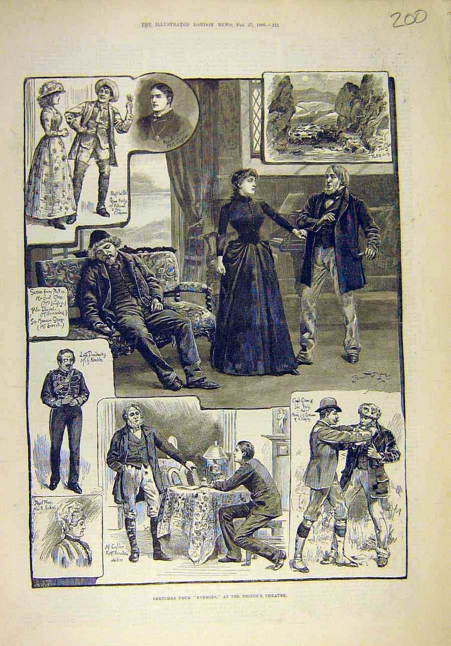 Original Old Antique Print 1886 Sketches Enemies Prince'S Theatre Actors 19th
