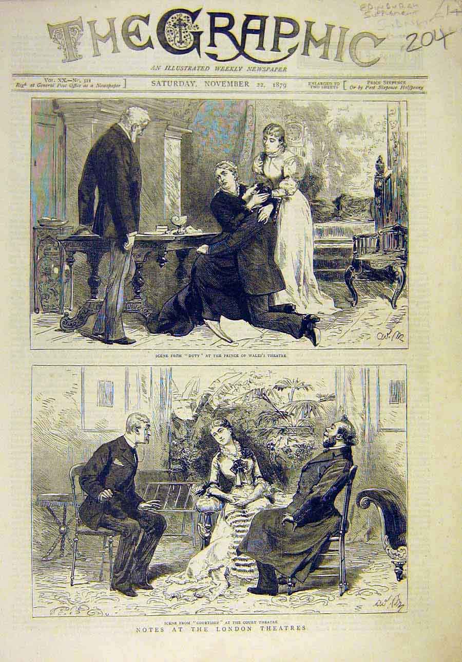 Original Old Antique Print 1879 London Theatre Scenes Duty Courtship Sketches
