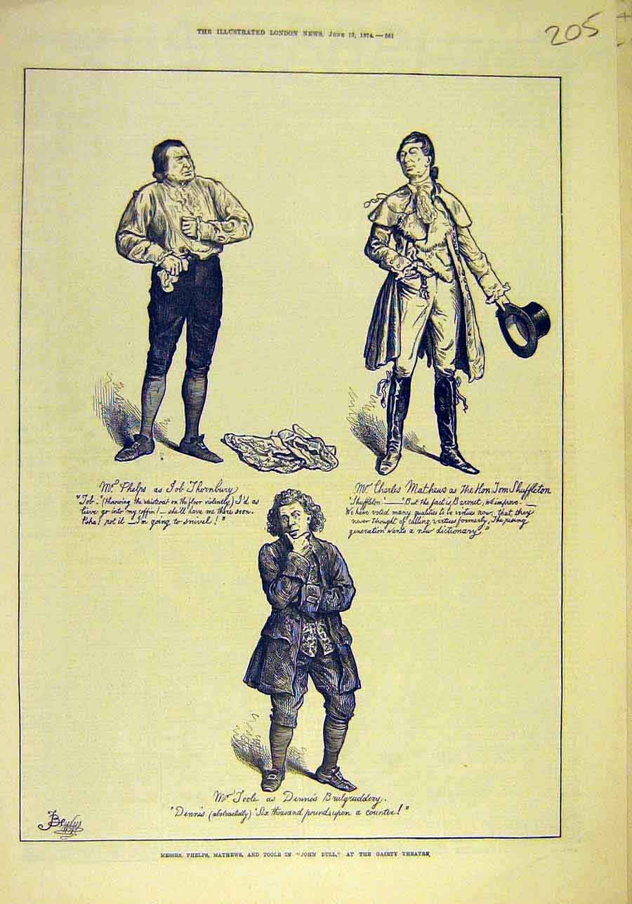 Original Old Antique Print 1874 Phelps Mathews Toole John-Bull Actors Theatre