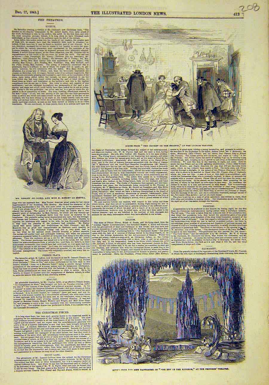 Original Old Antique Print 1845 Theatre Cricket Hearth Keeley Kelsey Pantomime